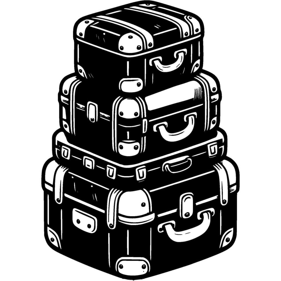 Stack of expensive leather suitcases. Preparing to fly on vacation in monochrome. Simple minimalistic in black ink drawing on white background vector