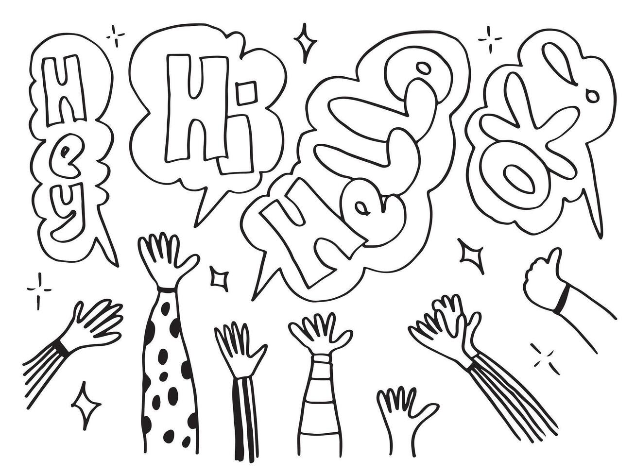 Applause hand draw on white background with hey, hello, ok, hi text. vector