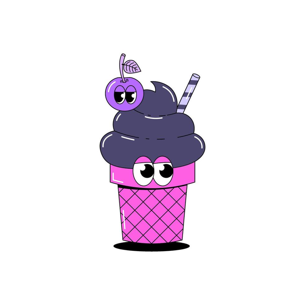 Trendy psychedelic sticker ice cream. Cream ice cream in waffle cup with cherry and stick with funky faces. Cute character dessert mascot in groovy style. illustration for menu, cafe vector