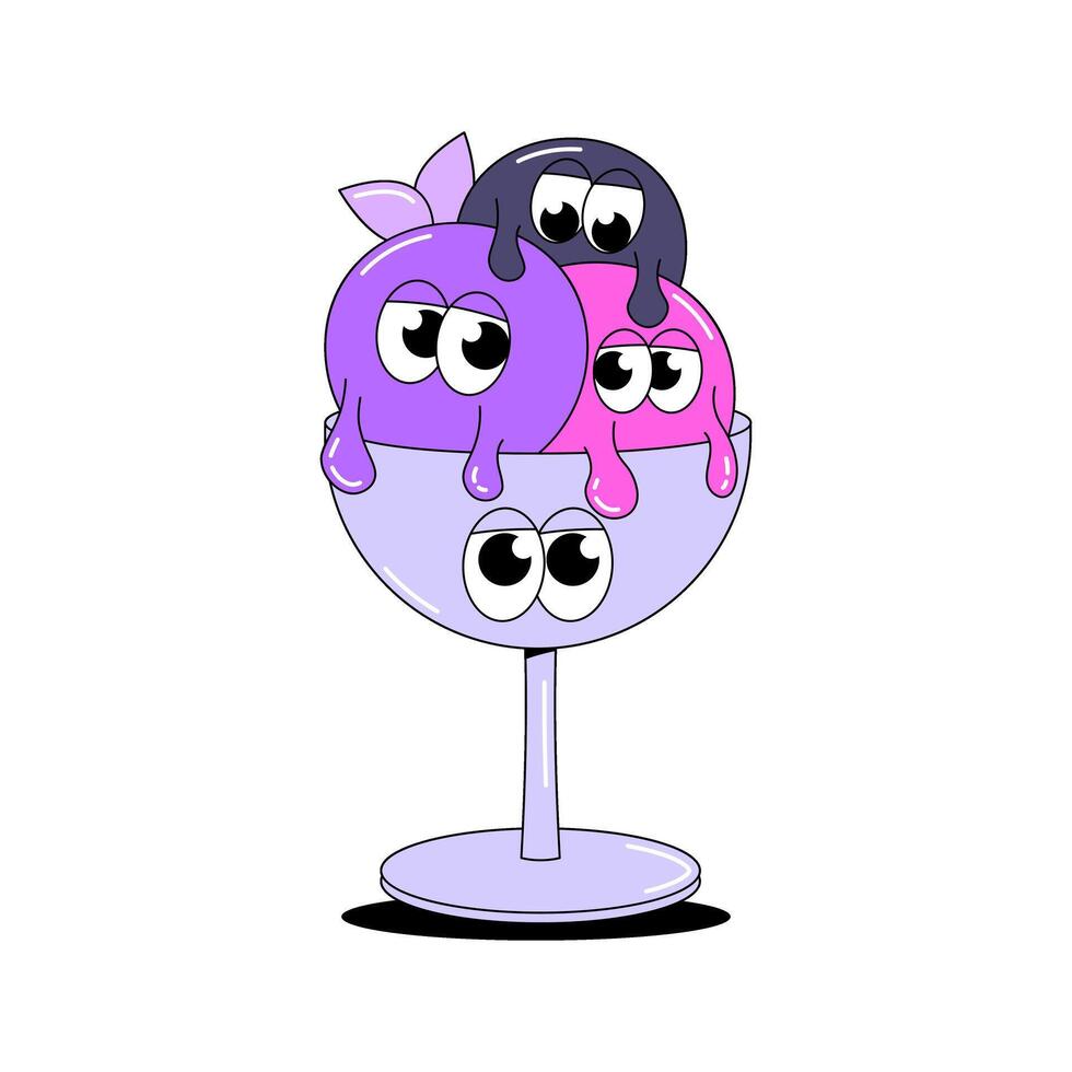 Trendy psychedelic sticker ice cream. Three colored balls in bowl with funky faces. Cute character dessert mascot in groovy style. illustration for menu, cafe vector