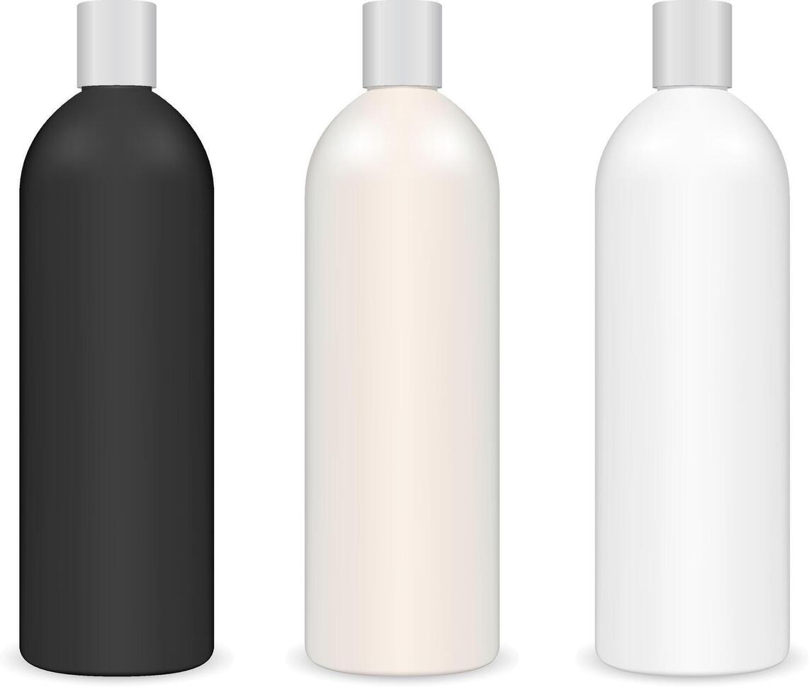 Tubular Cosmetic Shampoo Bottle. Cylinder Package. Black and White Bottle Set Isolated on Background. Realistic 3d Plastic Container for hair, Skin and Body Hygiene. vector