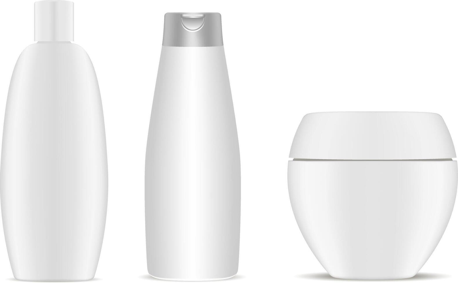 Bottle Collection Mockup. Cosmetic Jar Template. White Container for Perfume, Shampoo, Cream. 3d Cosmetics Brand Blank. vector