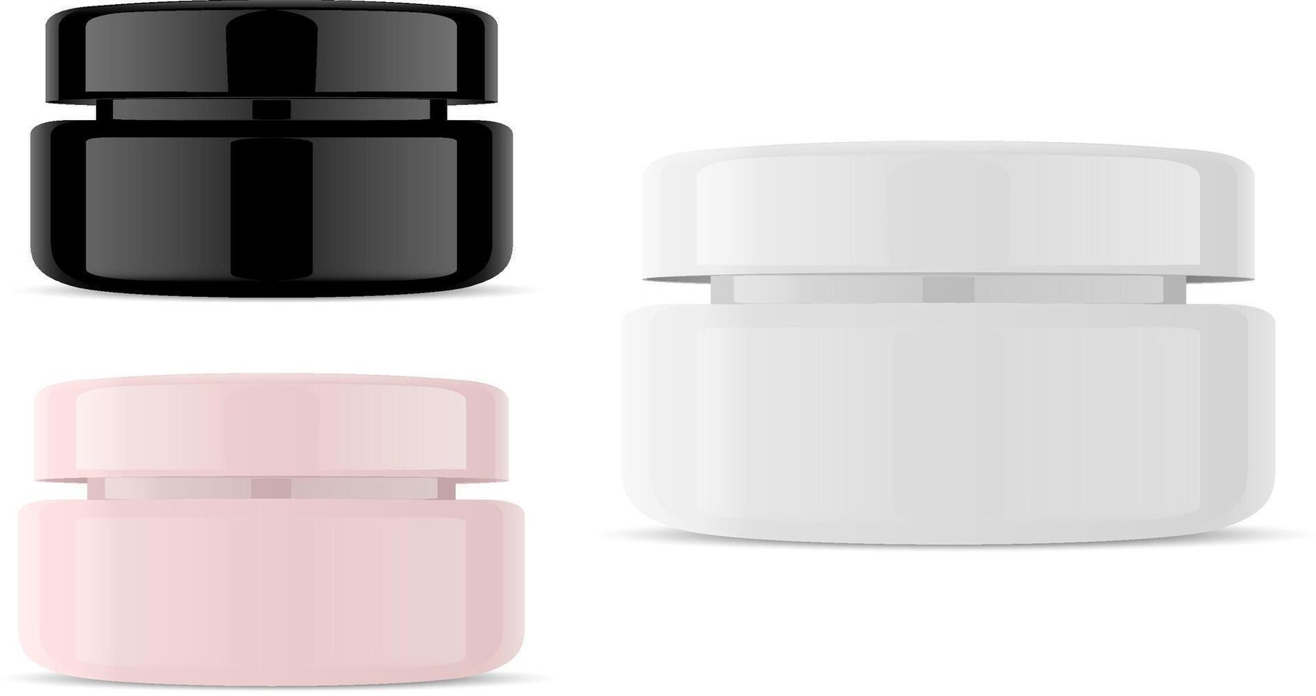 Glass Cream Cosmetic Jar. Isolated Glossy Plastic Container Pack in Black White and Rose. Clean Medical Pot for Skin Care Product with Cap. 3d Realistic Design Template. vector