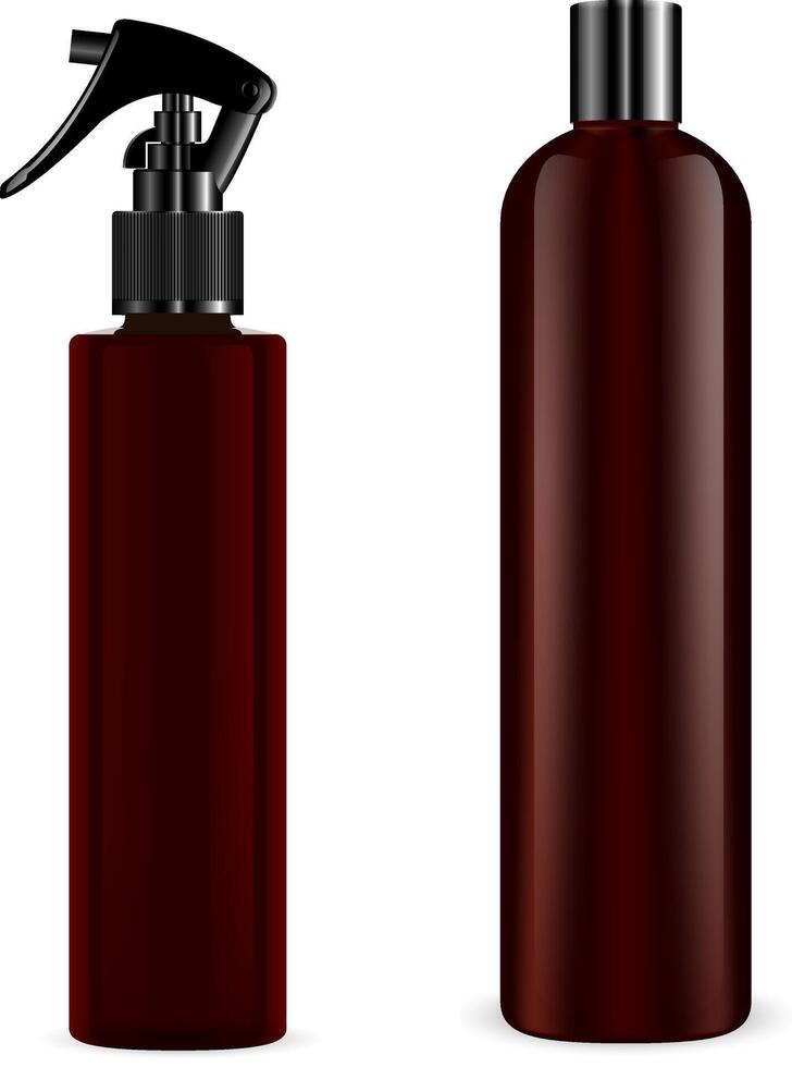 Spray and Shampoo Bottle Mockup. Hair Care Product Packaging Container Design. 3d Tubular Package. Cosmetic Sprayer for moisturizer Liquid. vector