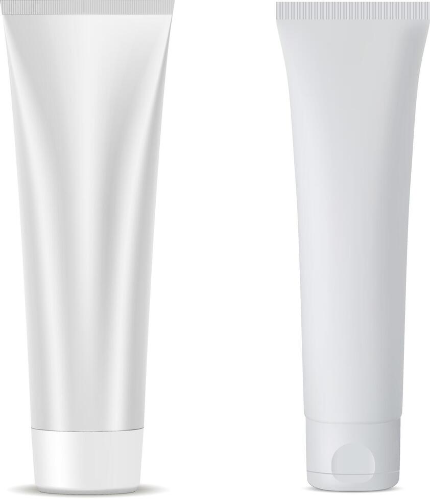 Cream Tube Set. White Cosmetic Container Blank for Toothpaste, Scrub, Facial Creme. Realistic Medical Ointment Product. 3d Soft Plastic Vial. vector