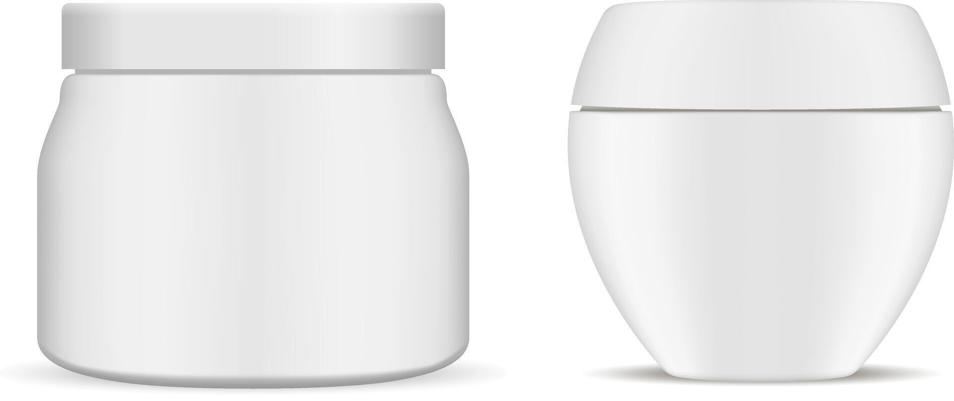 Set of White Cosmetic Jar. 3d Realistic Container Mockup. Plastic Bottle, Isolated on White. Round Package for Skin Creme, Salt, Lotion, Gel. Face Care Butter. Blank Template with Lid. vector