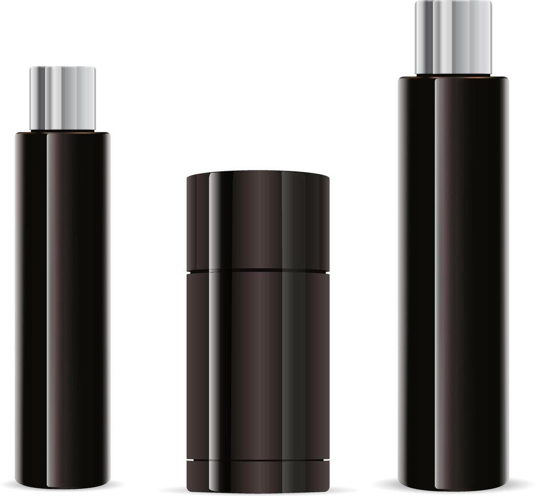 Dark amber glass cosmetic bottles set. Cylinder shape cosmetic containers with gold lids. Luxury 3d illustration. vector