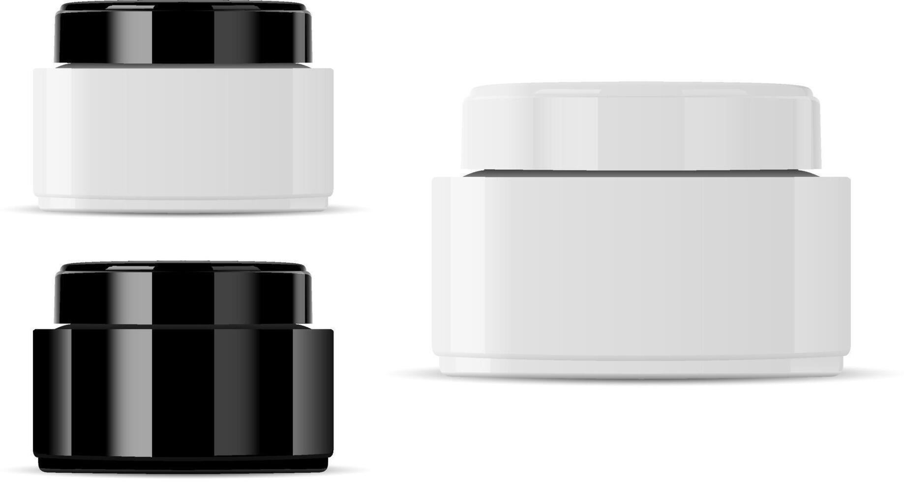 Glass Cosmetic Jar Mockup. Round Container Template for Cream. Beauty Product Round Packaging for Magazine. 3d Premium Glossy Elegant Blank. Face Care Medical Hygiene. vector