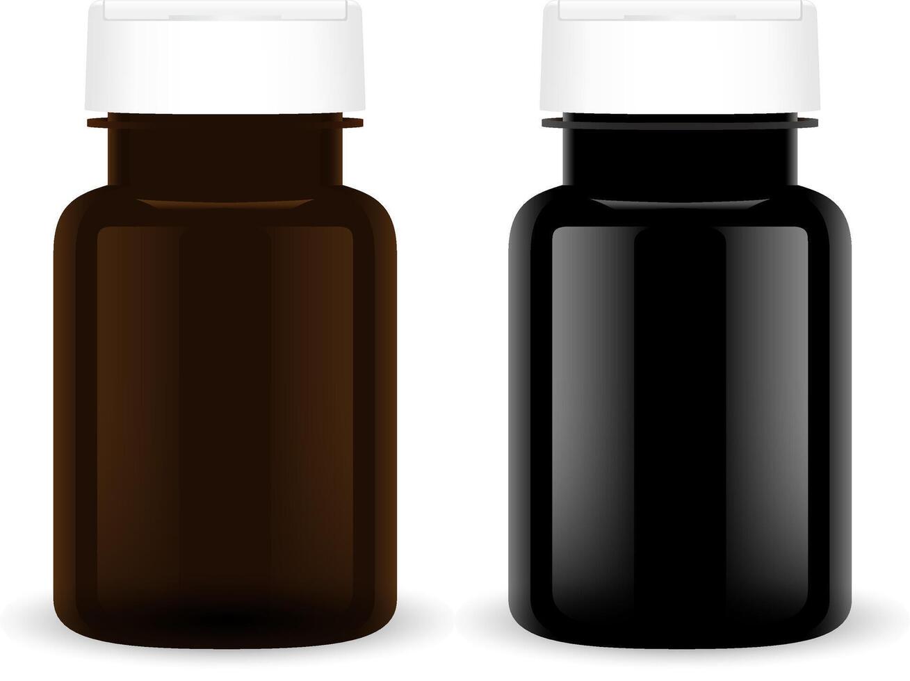 Supplement Pill Bottle. Black Plastic Medical Set. Pharmaceutical Capsule 3d Jar Mockup Template. Round Pharmacy Tablet Container Pack with White Cap. Vitamine or Placebo Box. vector