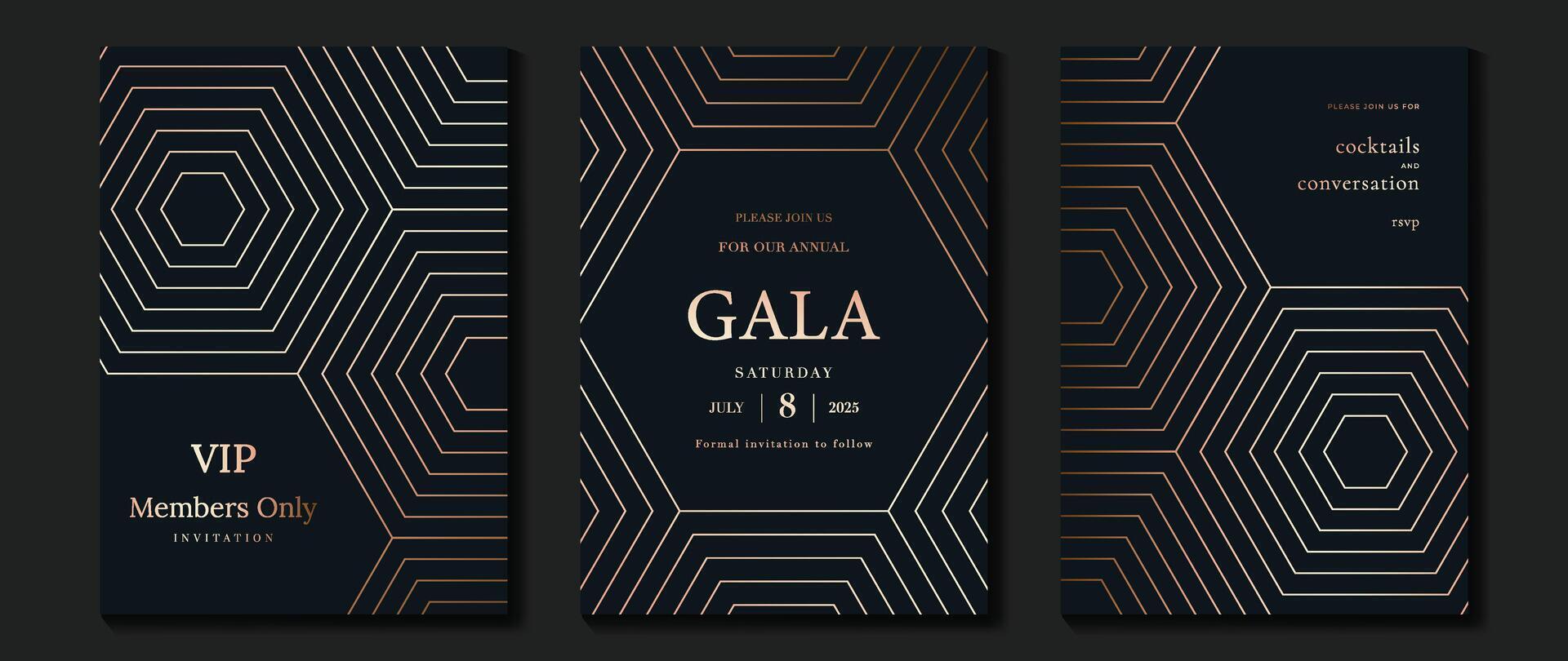 Luxury invitation card background . Golden elegant geometric shape, gold lines gradient on dark blue background. Premium design illustration for gala, grand opening, party invitation, wedding. vector