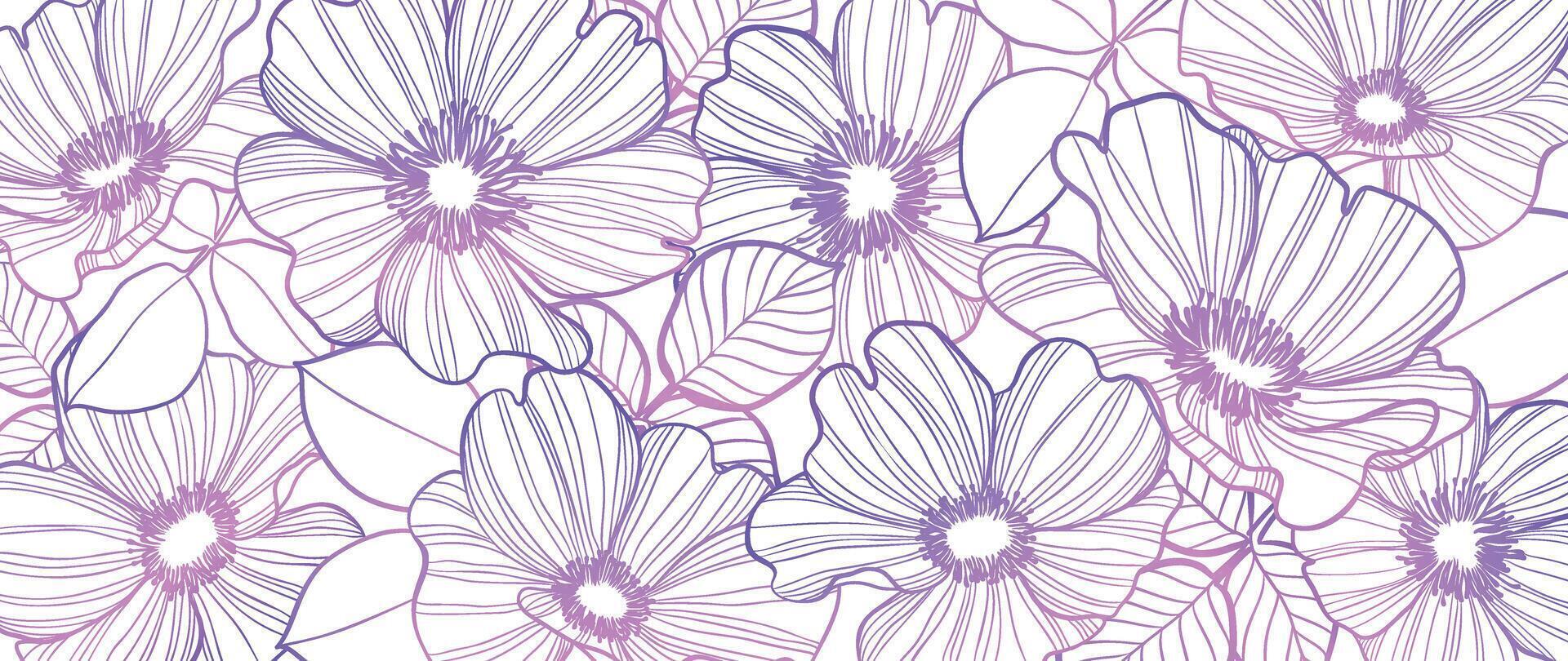 Luxury wild flower line art background . Natural botanical elegant flower with purple and pink line art. Design illustration for decoration, wall decor, wallpaper, cover, banner, poster, card. vector