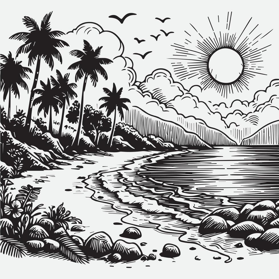 sketch design for an illustration of an exotic beach scene vector