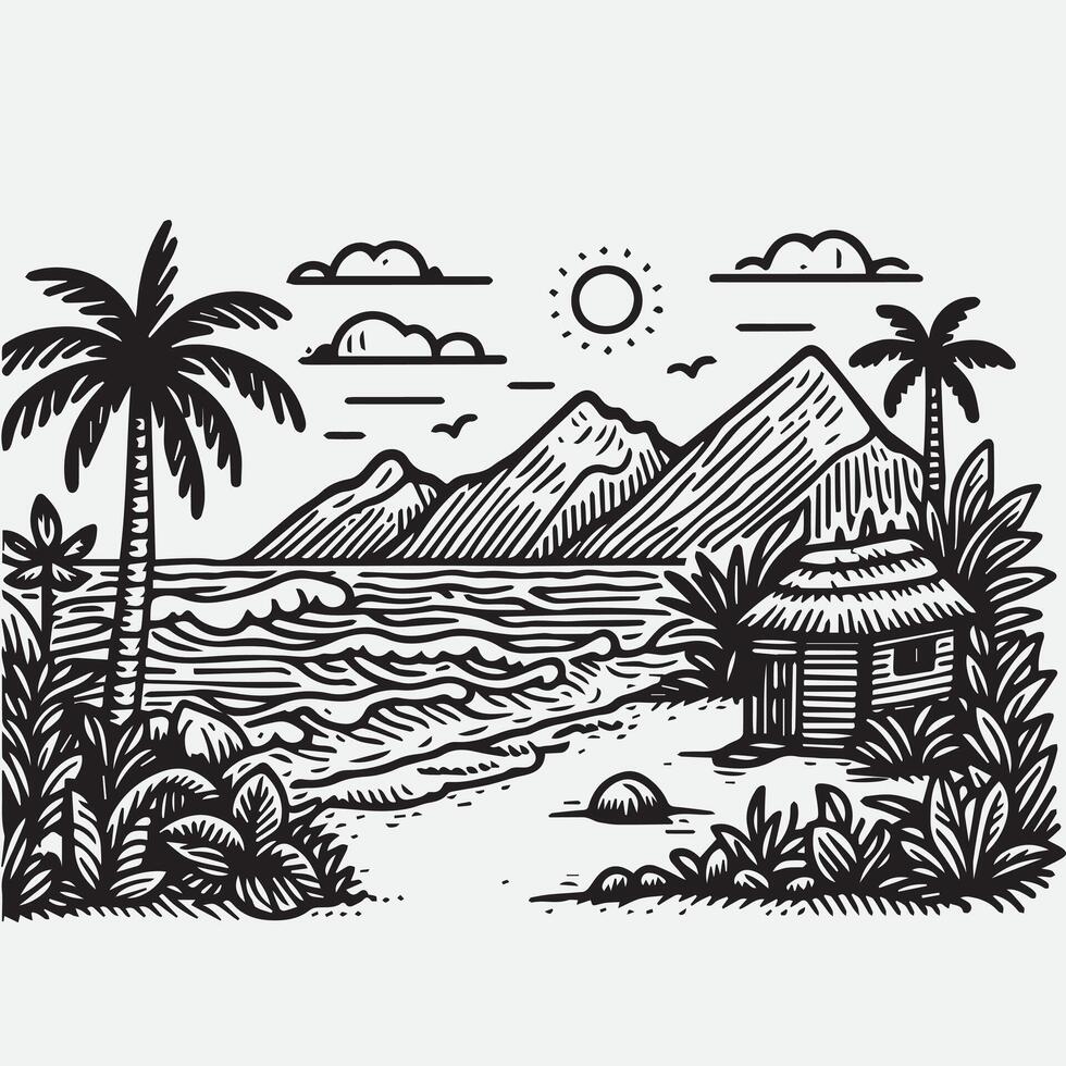 sketch design for an illustration of an exotic beach scene vector