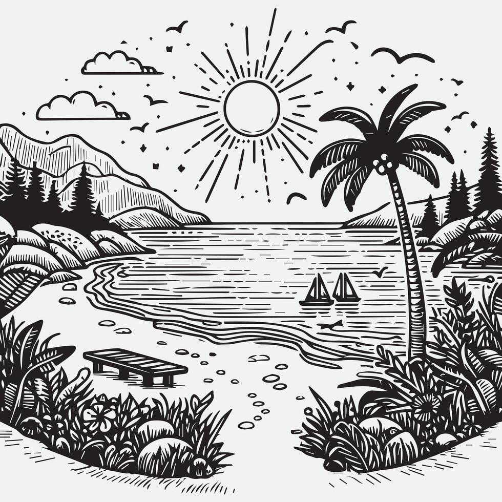 sketch design for an illustration of an exotic beach scene vector