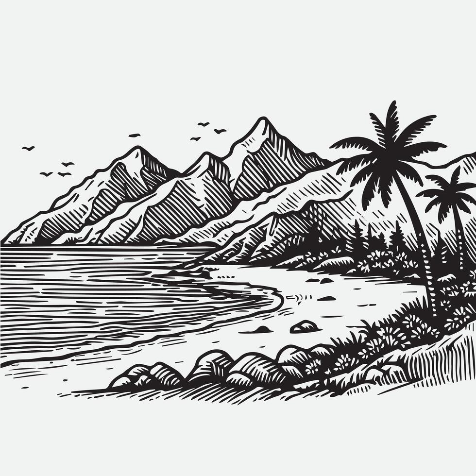 sketch design for an illustration of an exotic beach scene vector