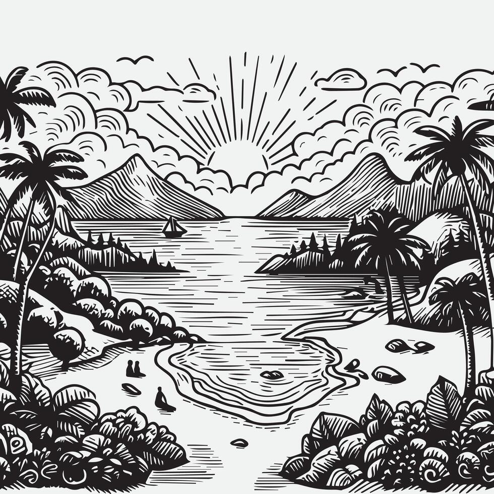 sketch design for an illustration of an exotic beach scene vector