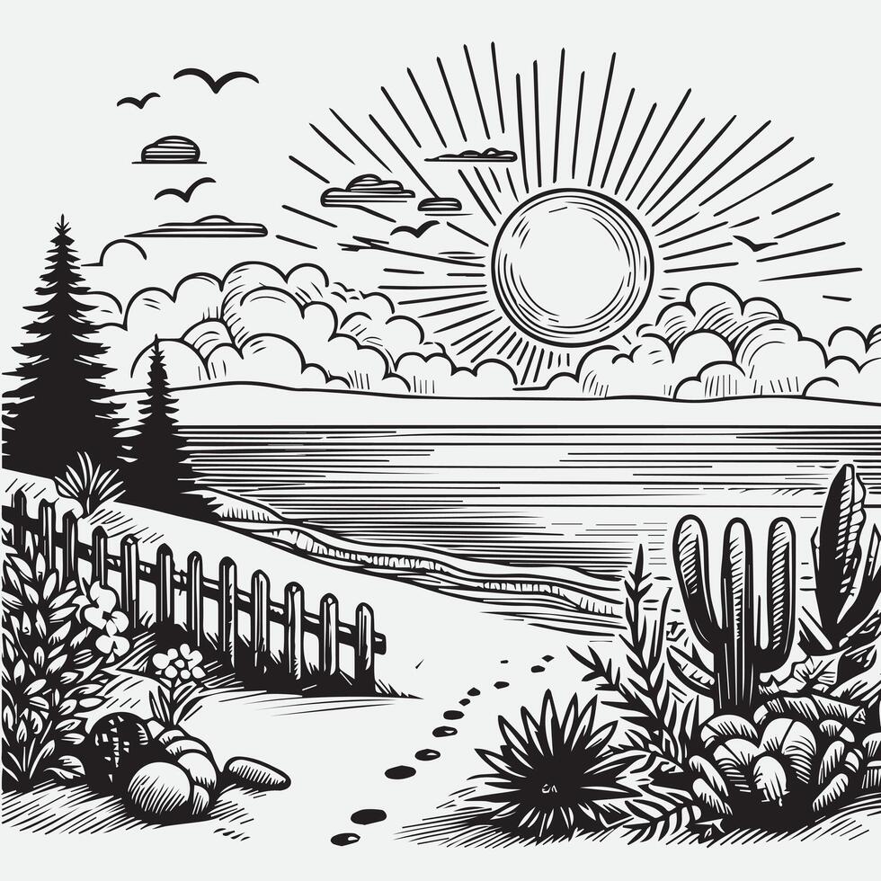 sketch design for an illustration of an exotic beach scene vector