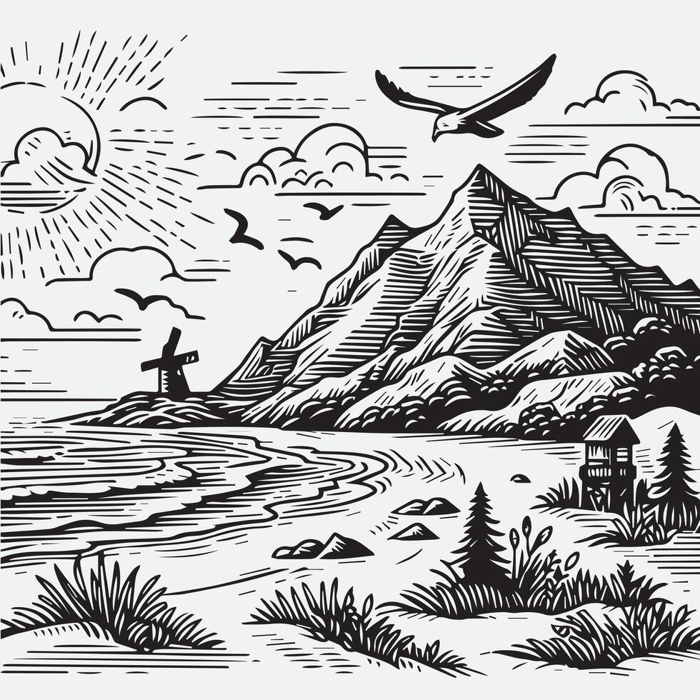 sketch design for an illustration of an exotic beach scene vector