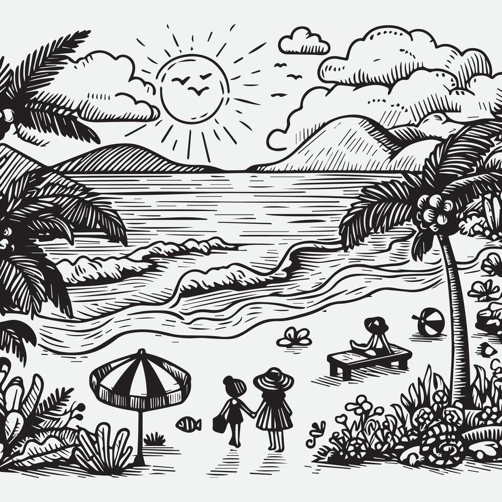 sketch design for an illustration of an exotic beach scene vector