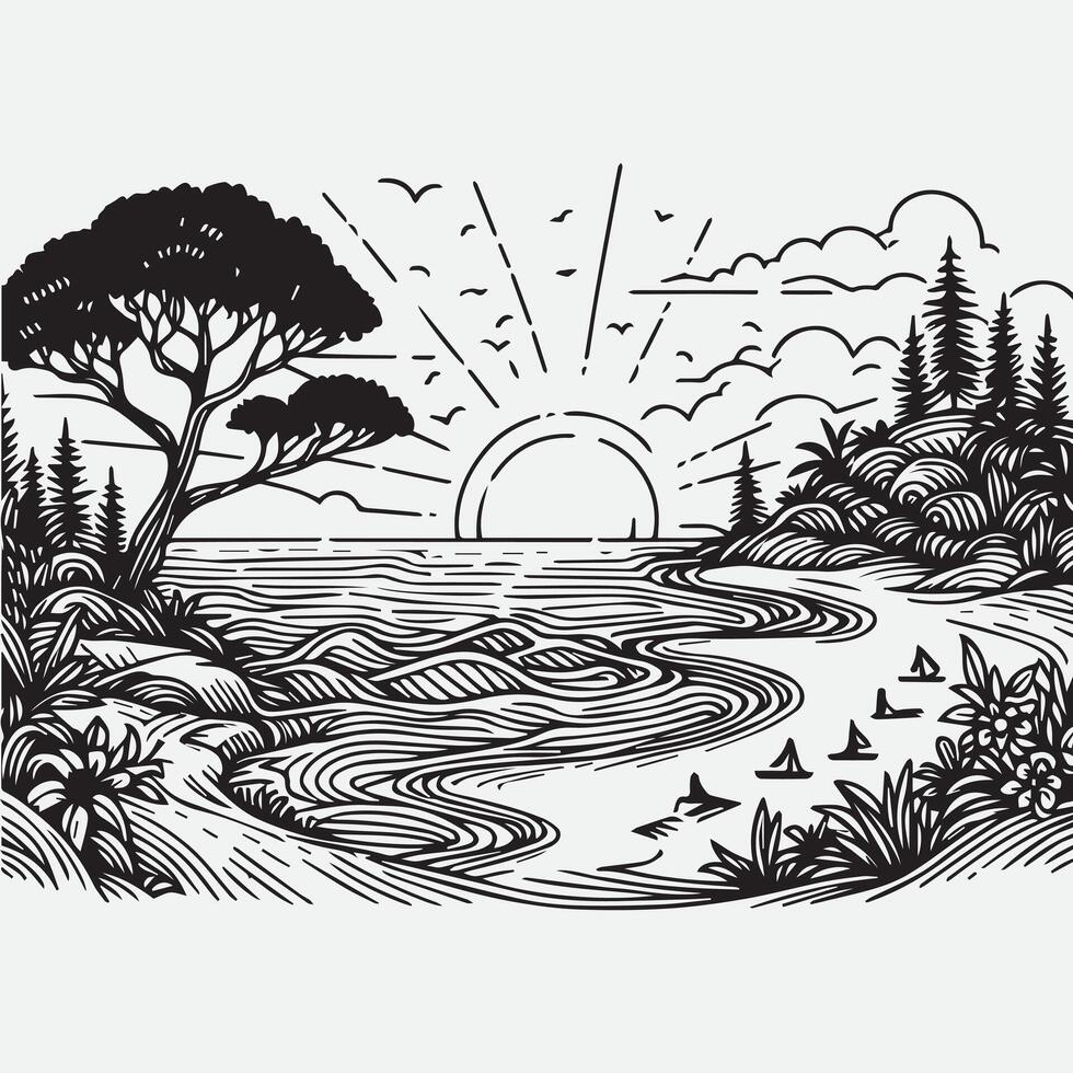 sketch design for an illustration of an exotic beach scene vector