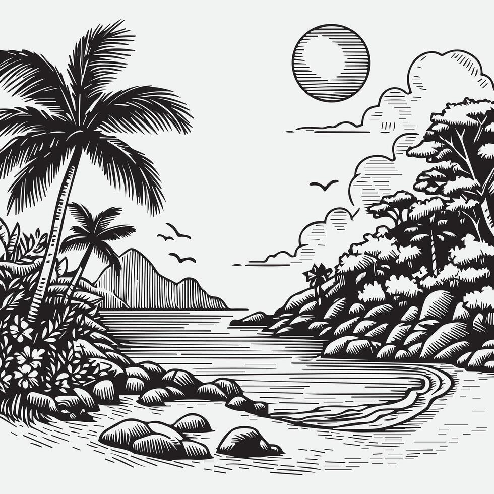 sketch design for an illustration of an exotic beach scene vector