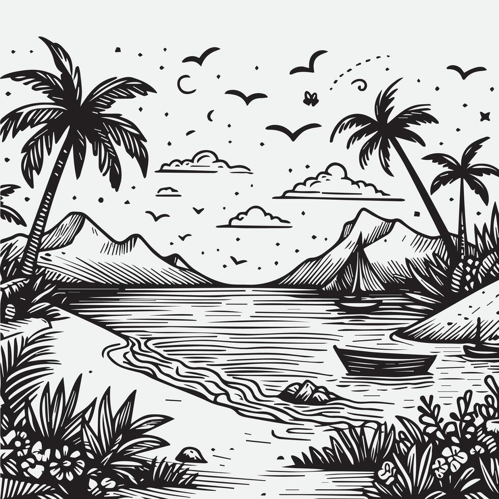 sketch design for an illustration of an exotic beach scene vector