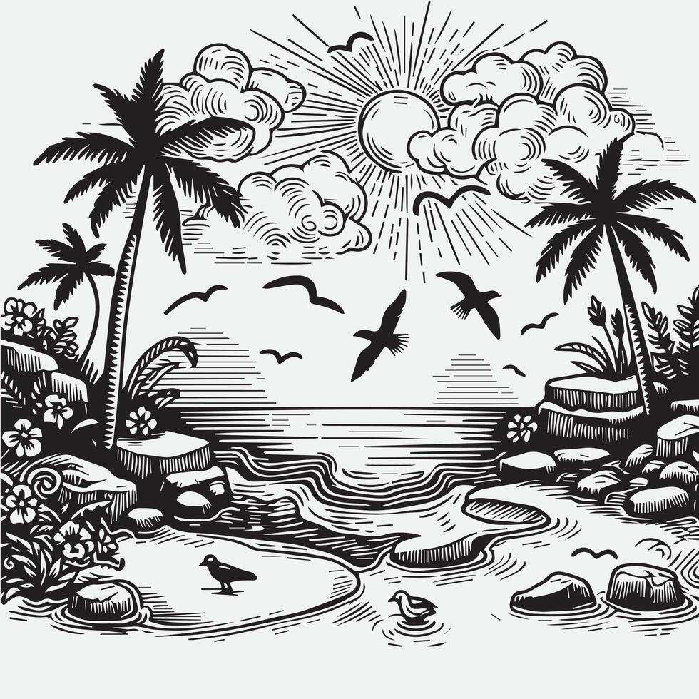 sketch design for an illustration of an exotic beach scene vector