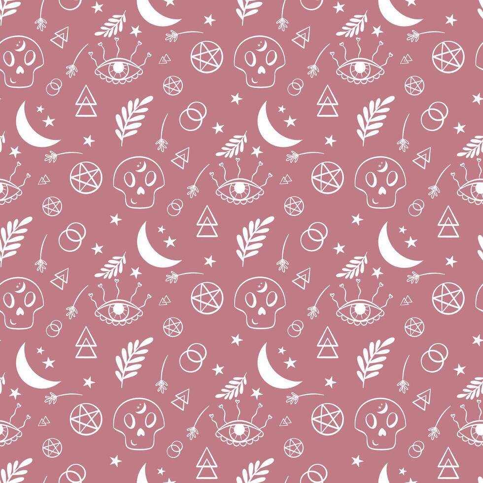 Hand drawn boho magical seamless pattern. Flat illustration on color background. For celestial print, fabric, wallpaper, textile, magical decor. vector