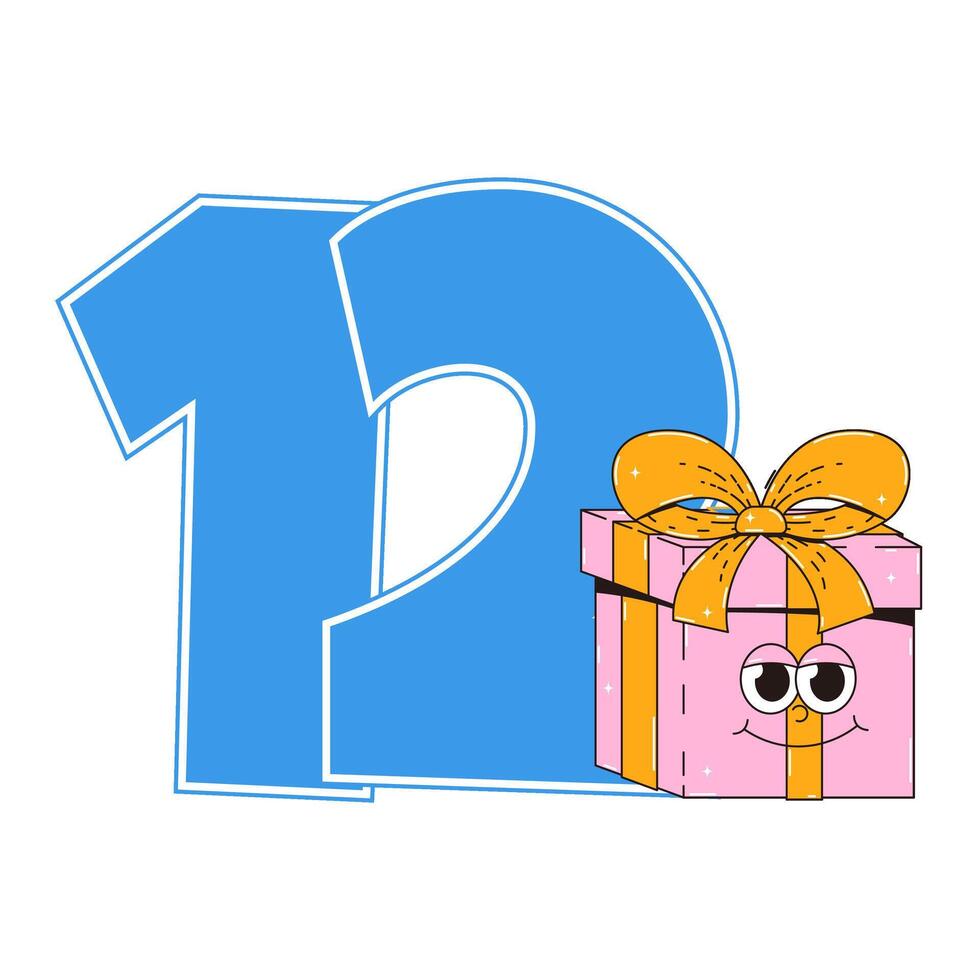 Twelve Happy Birthday party sticker in retro groovy style. Funky walking character and number 12. Vintage mascot psychedelic smile. illustration vector