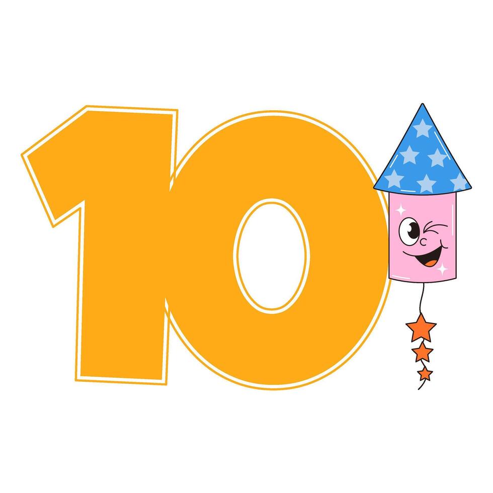 Ten Happy Birthday party sticker in retro groovy style. Funky walking character and number 10. Vintage mascot psychedelic smile. illustration vector