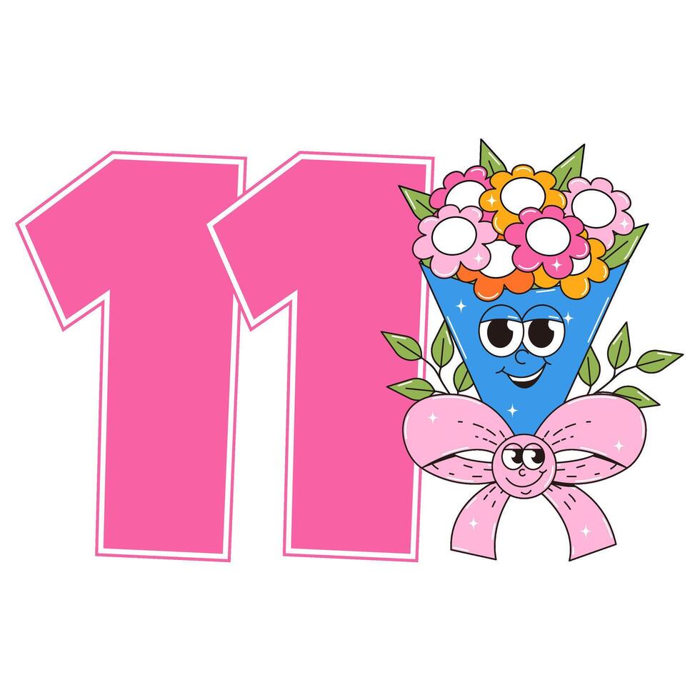 Eleven Happy Birthday party sticker in retro groovy style. Funky walking character and number 11. Vintage mascot psychedelic smile. illustration vector