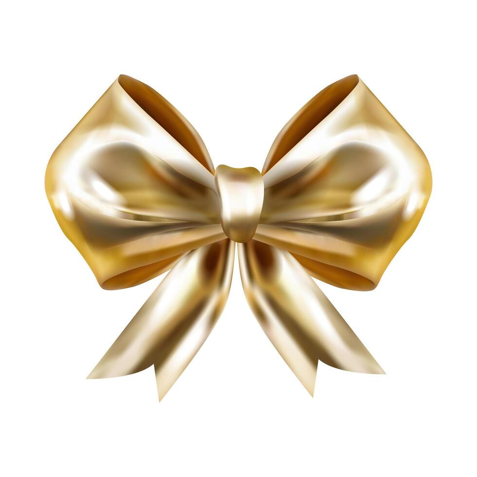 Realistic golden satin bow isolated on white background. Gift bow in 3D style. Holidays design element. Gift bow in 3D style. Greeting design. illustration vector