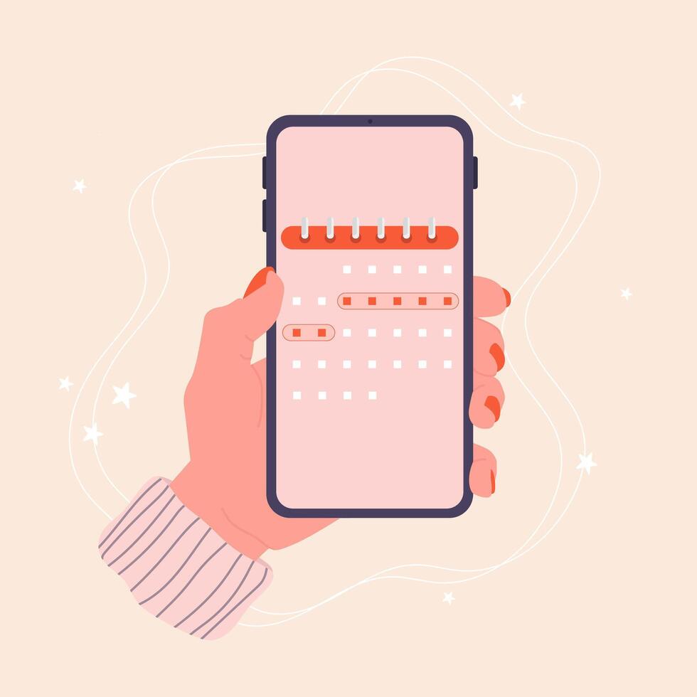 Menstrual cycle. Phone in hand with a calendar. vector