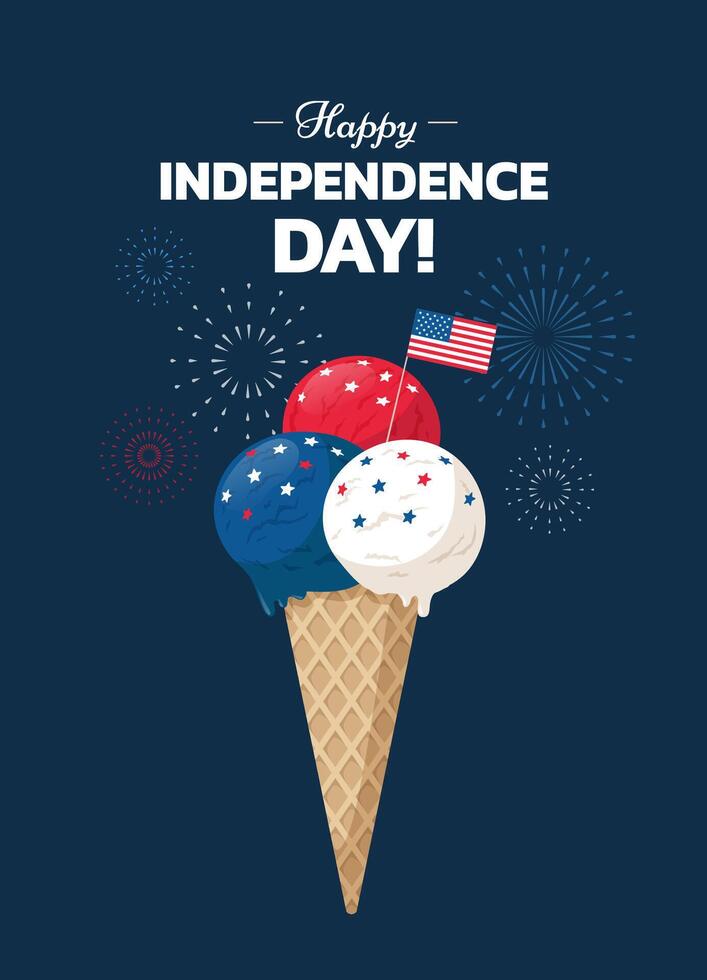 Happy Independence Day Poster design with Ice cream cone and USA flag on blue background with holiday fireworks vector