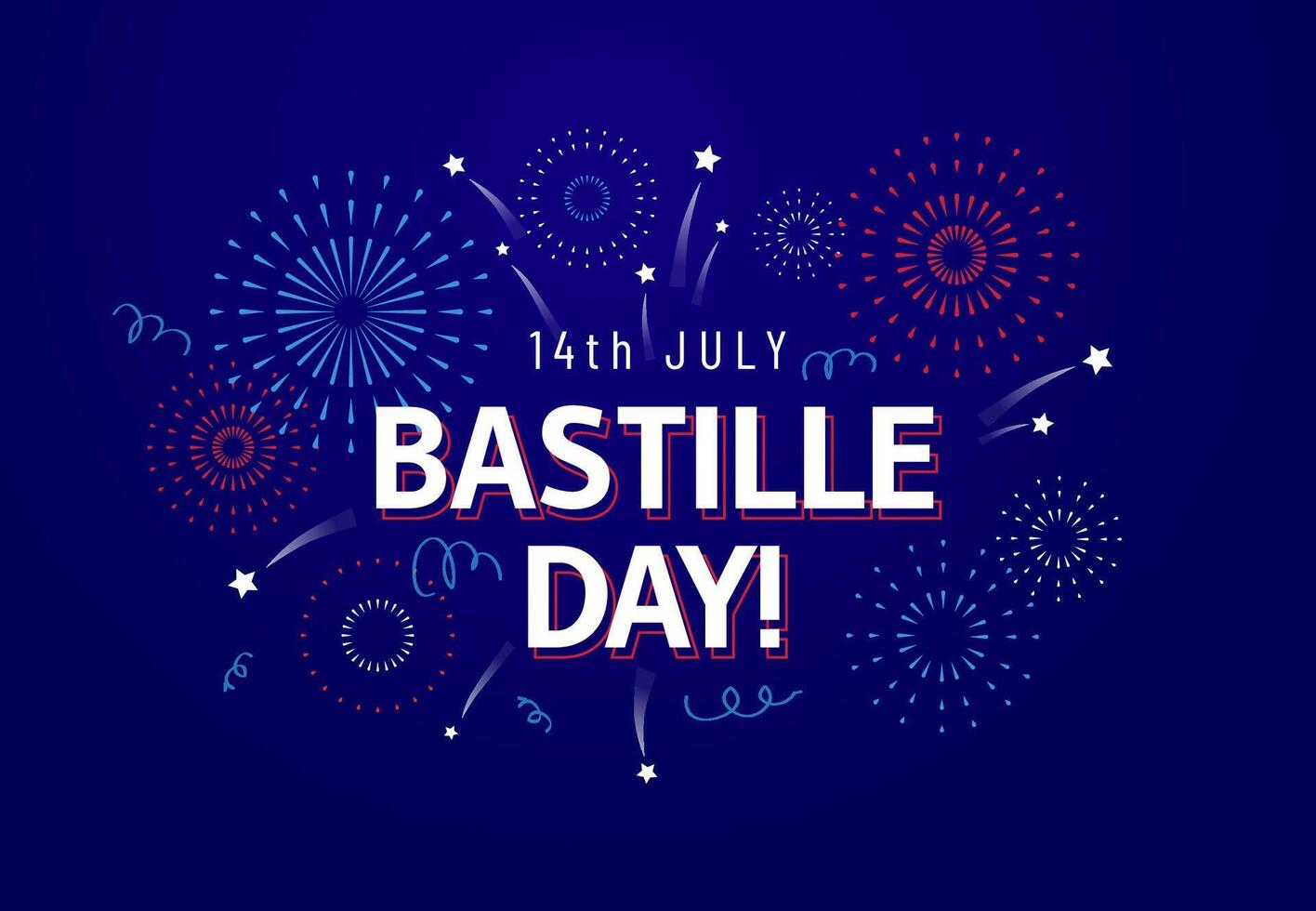 14th July, Bastille Day celebration greeting card or banner design template with text and fireworks in french national colors vector