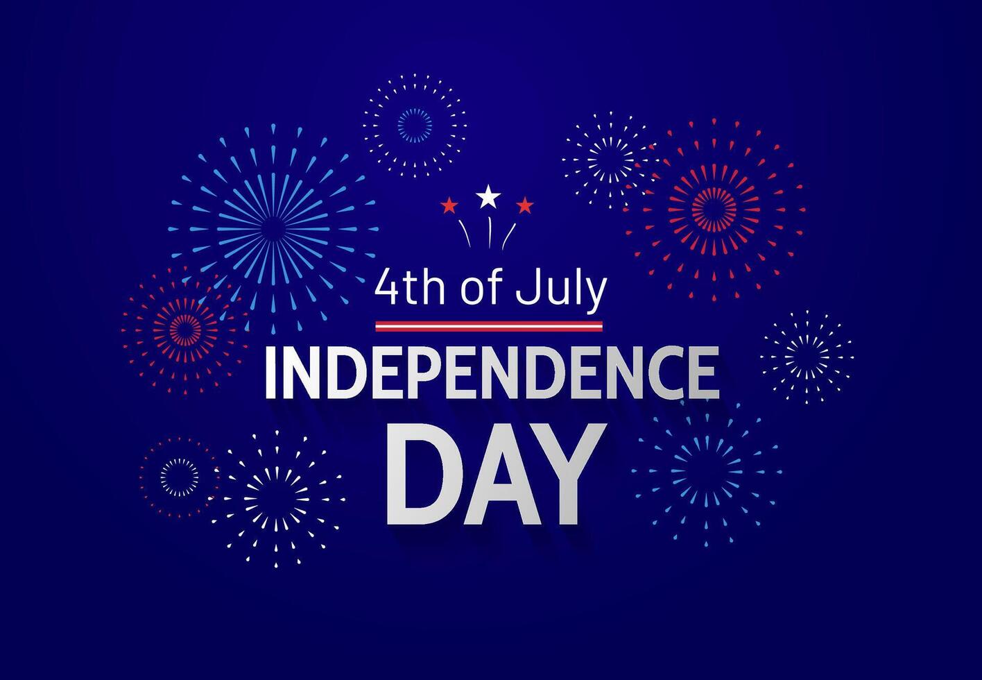 Fourth of July celebration in USA. Independence Day greeting banner with text and fireworks on blue background vector