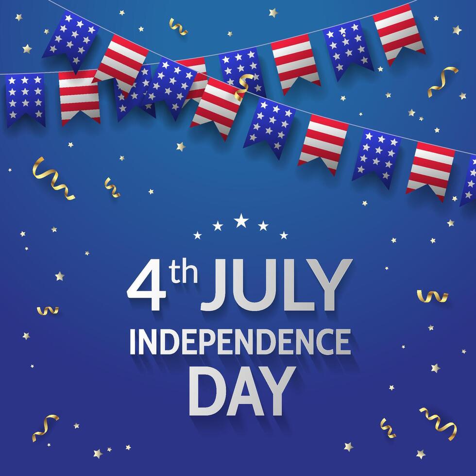 Independence Day greeting banner design template with American flags and confetti on blue background. 4th July vector
