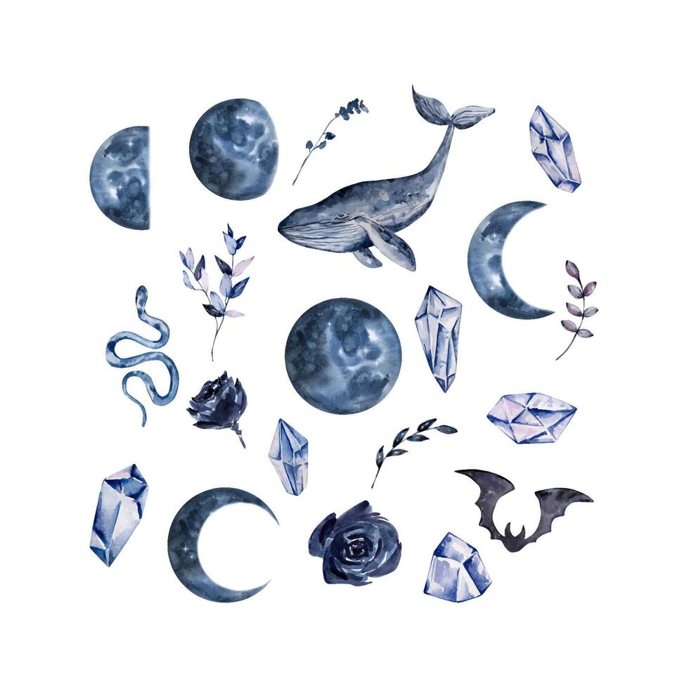 Watercolor boho moon set vector