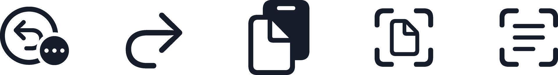 Smartphone icon set of undo, redo, clipboard, copy, paste, cut, scan, read. Share external link black icon set. Isolated symbols on white background UI UX template keyboard shortcut vector