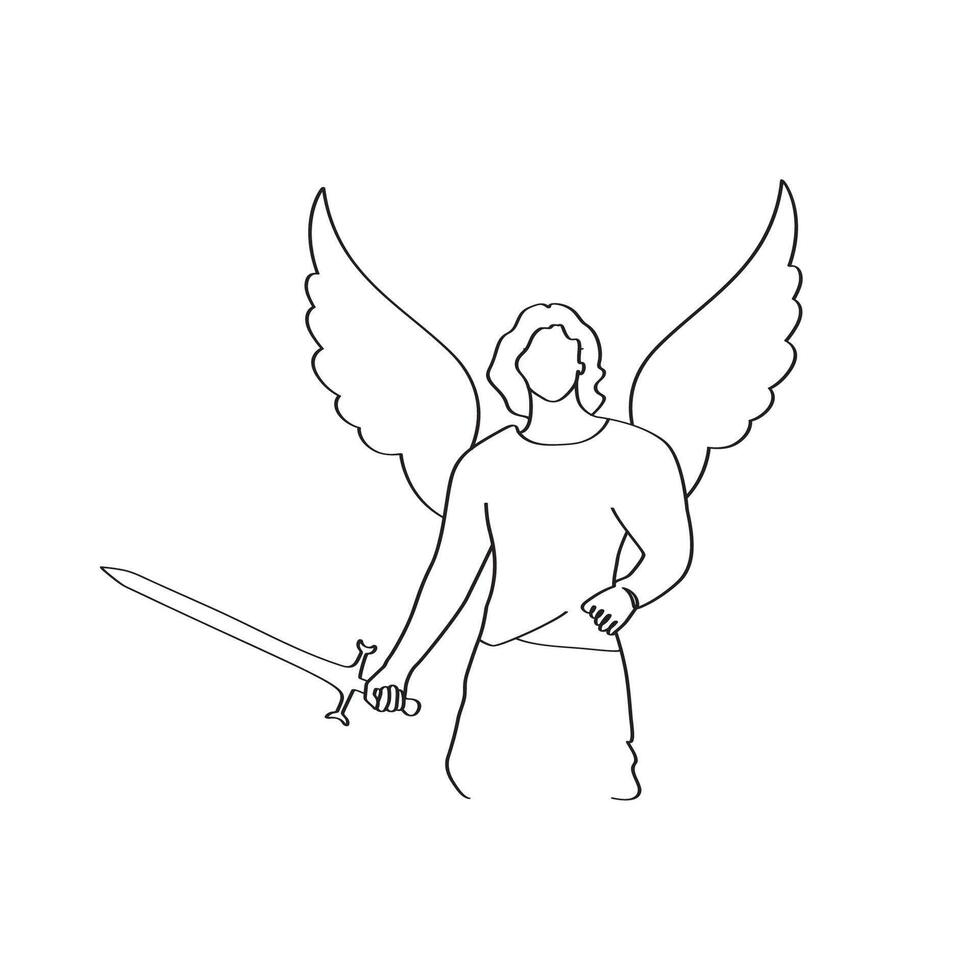 Archangel Michael, strong male, holding a sword elegant line art drawing outline. vector