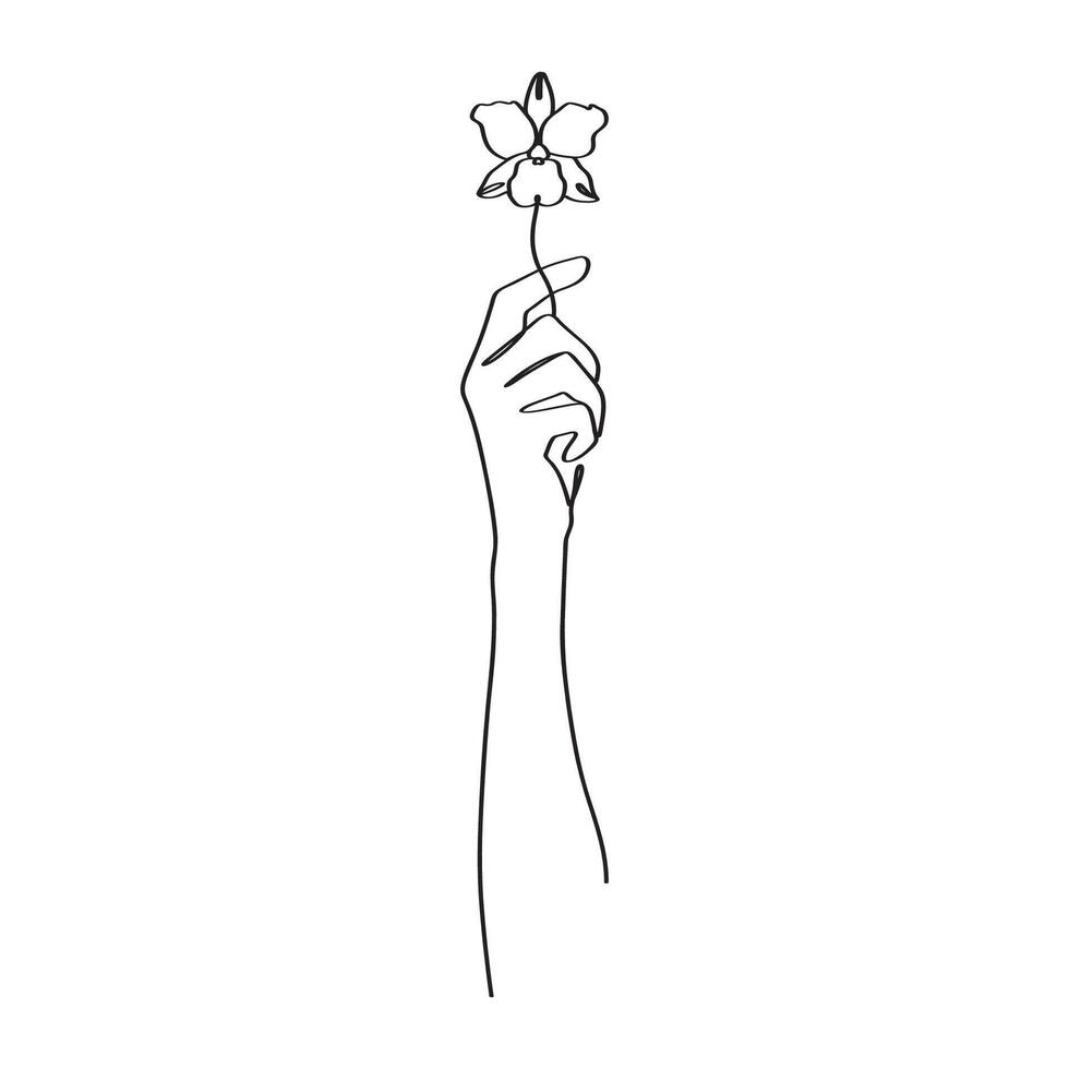 Women hand with flowers line art. Female outline drawing. vector