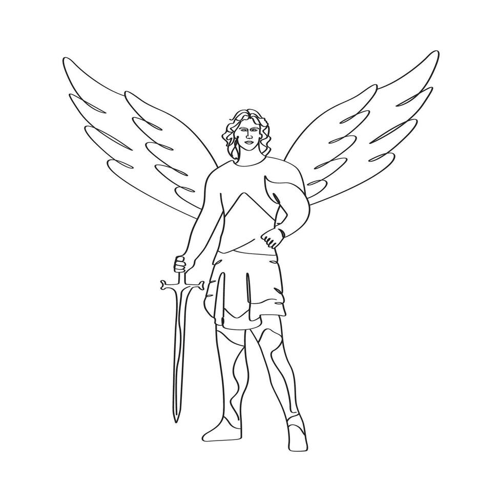 Archangel Michael, strong male, holding a sword elegant minimalist line drawing. vector