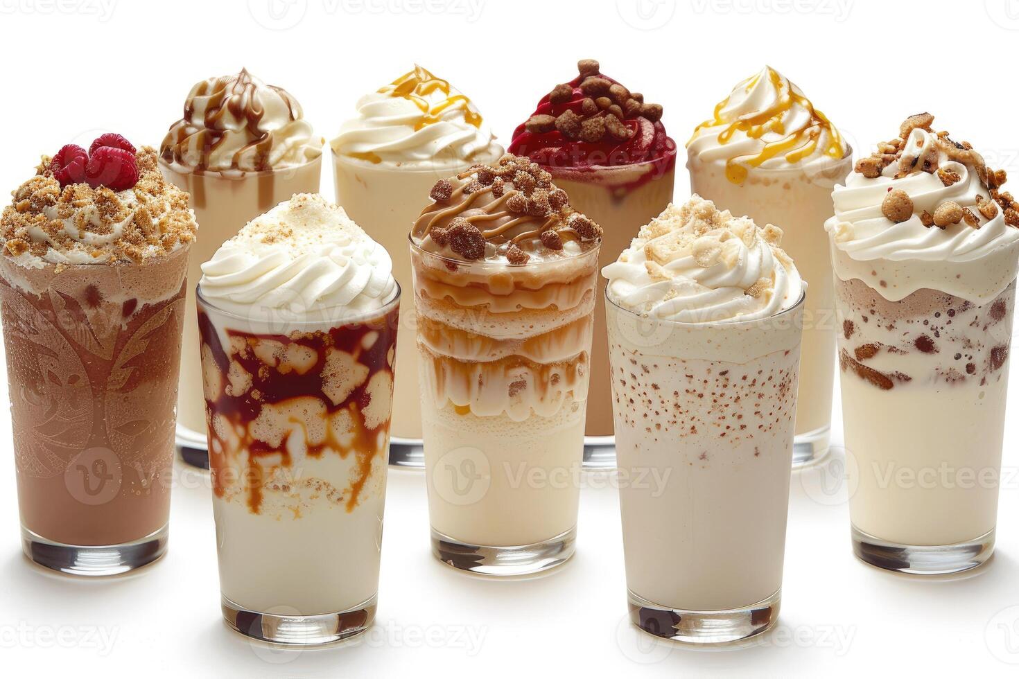 Various milkshakes with cream on a counter professional advertising food photography photo