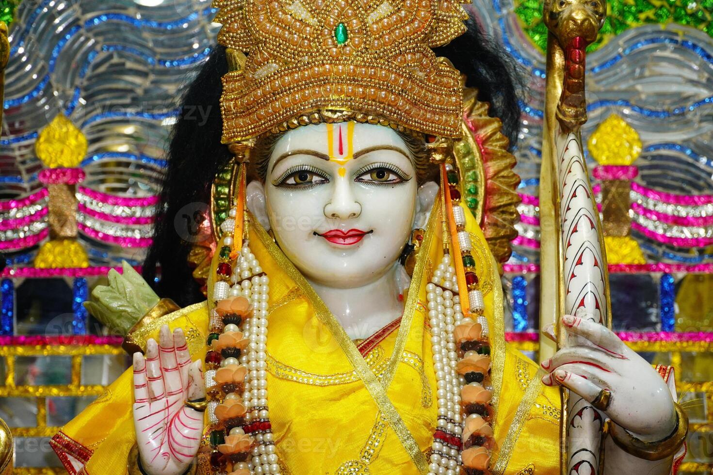 Statue of Rama close up face, hindu god, Rama - He is the seventh and one of the most popular avatars of Vishnu. photo