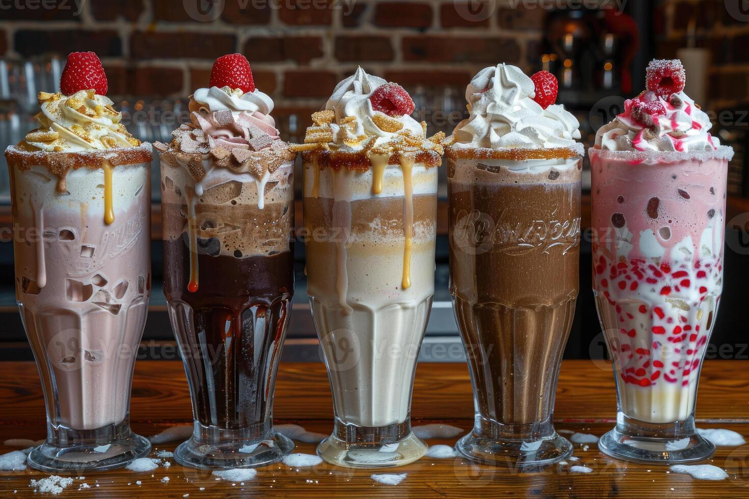 Various milkshakes with cream on a counter professional advertising food photography photo