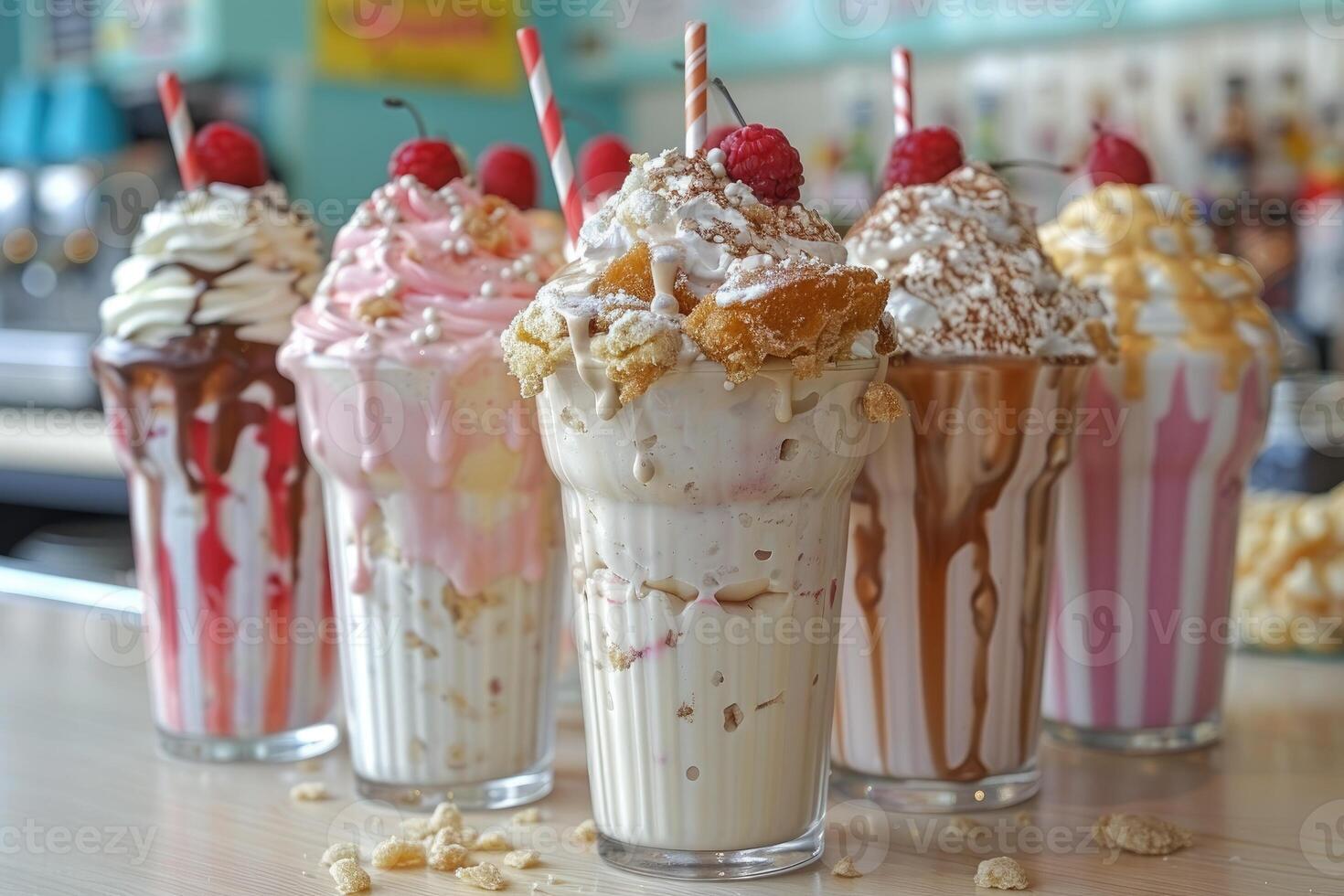 Various milkshakes with cream on a counter professional advertising food photography photo