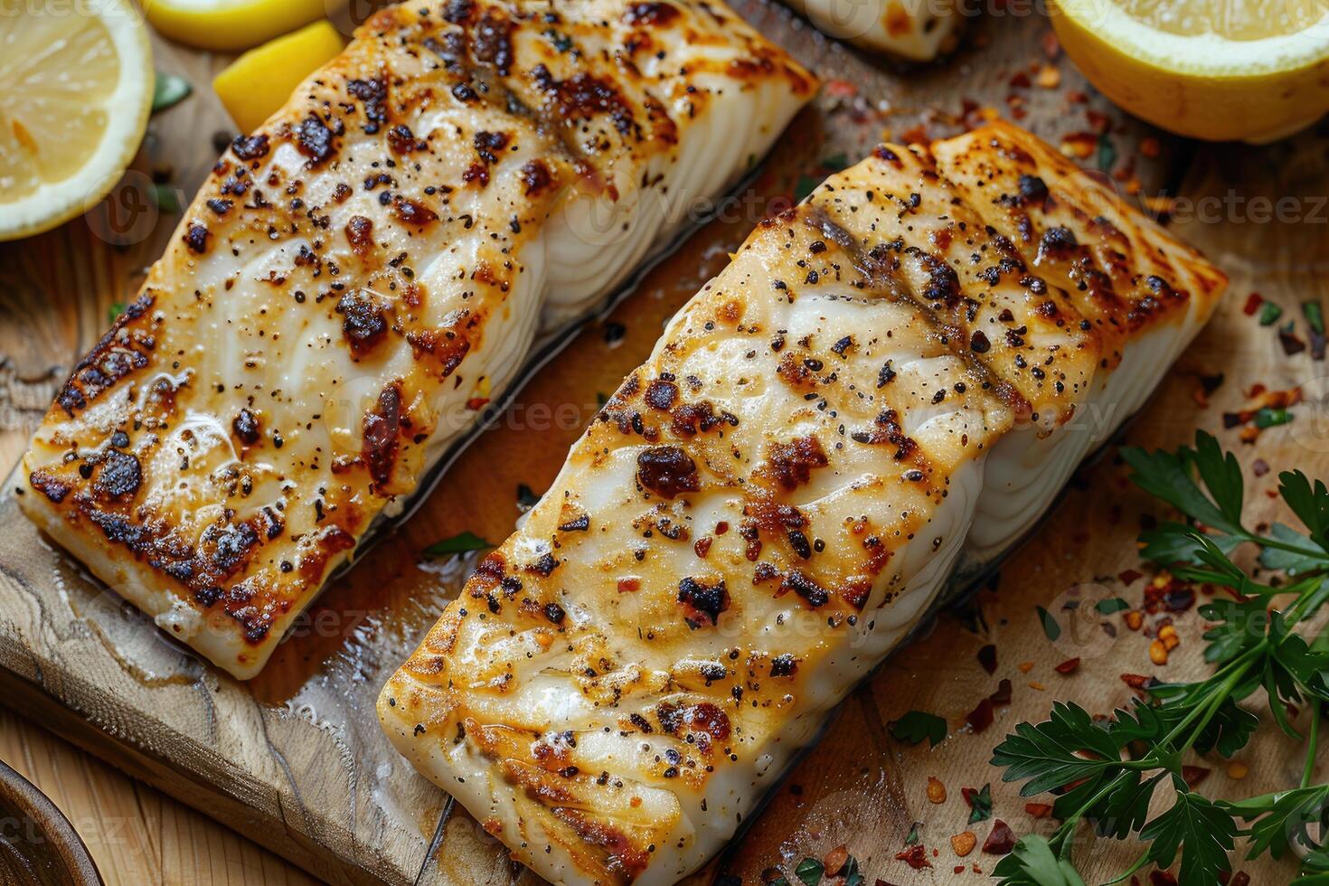 Baked halibut fillet on kitchen table plate professional advertising food photography photo