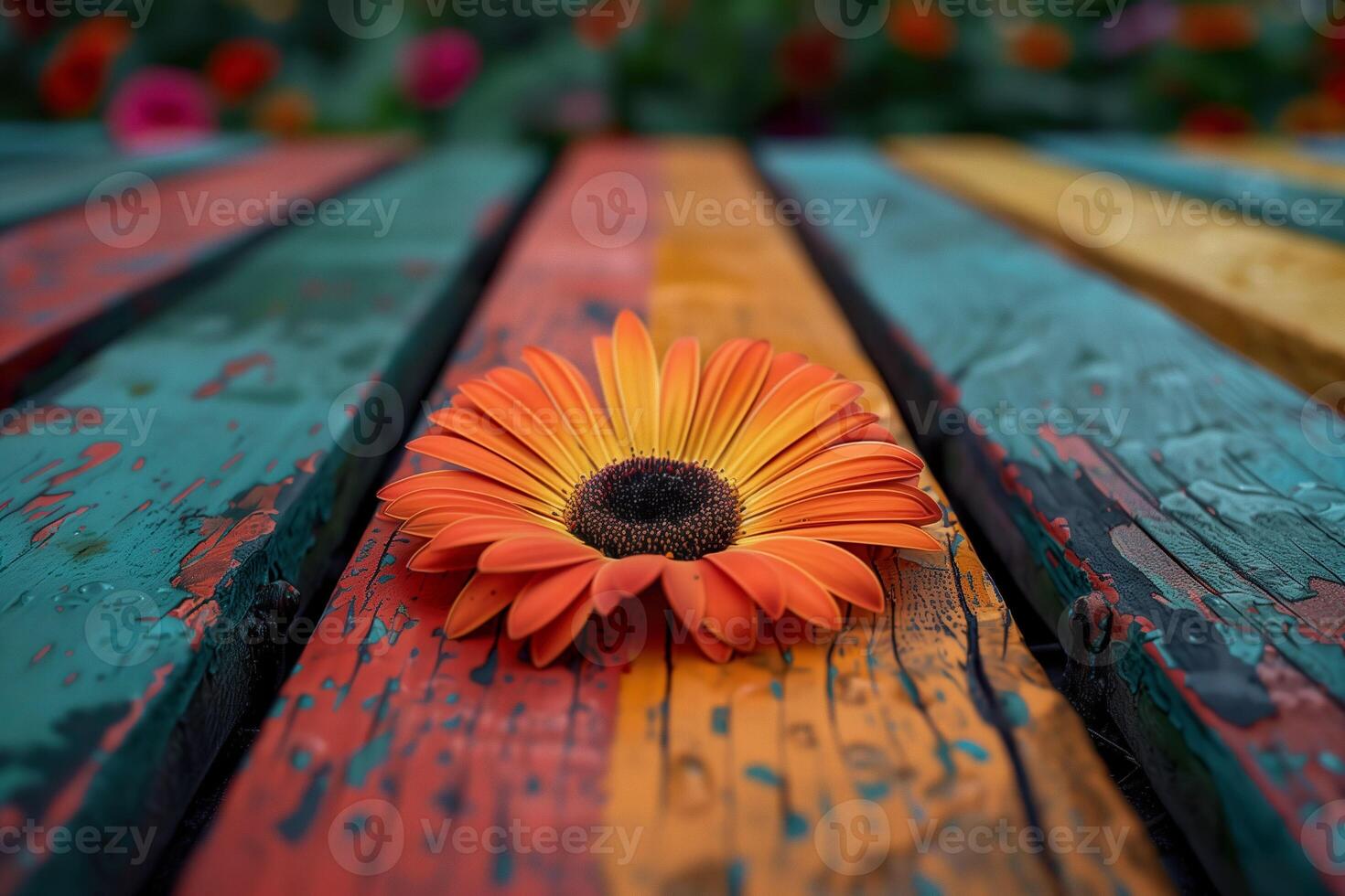 Vibrant bloom on weathered wood. . photo