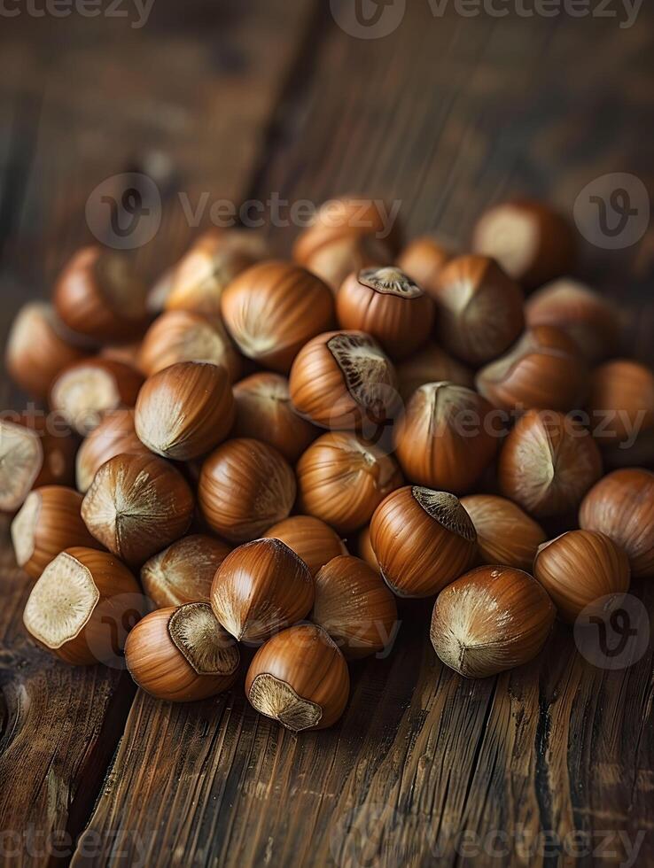 Hazelnuts on rustic wood photo