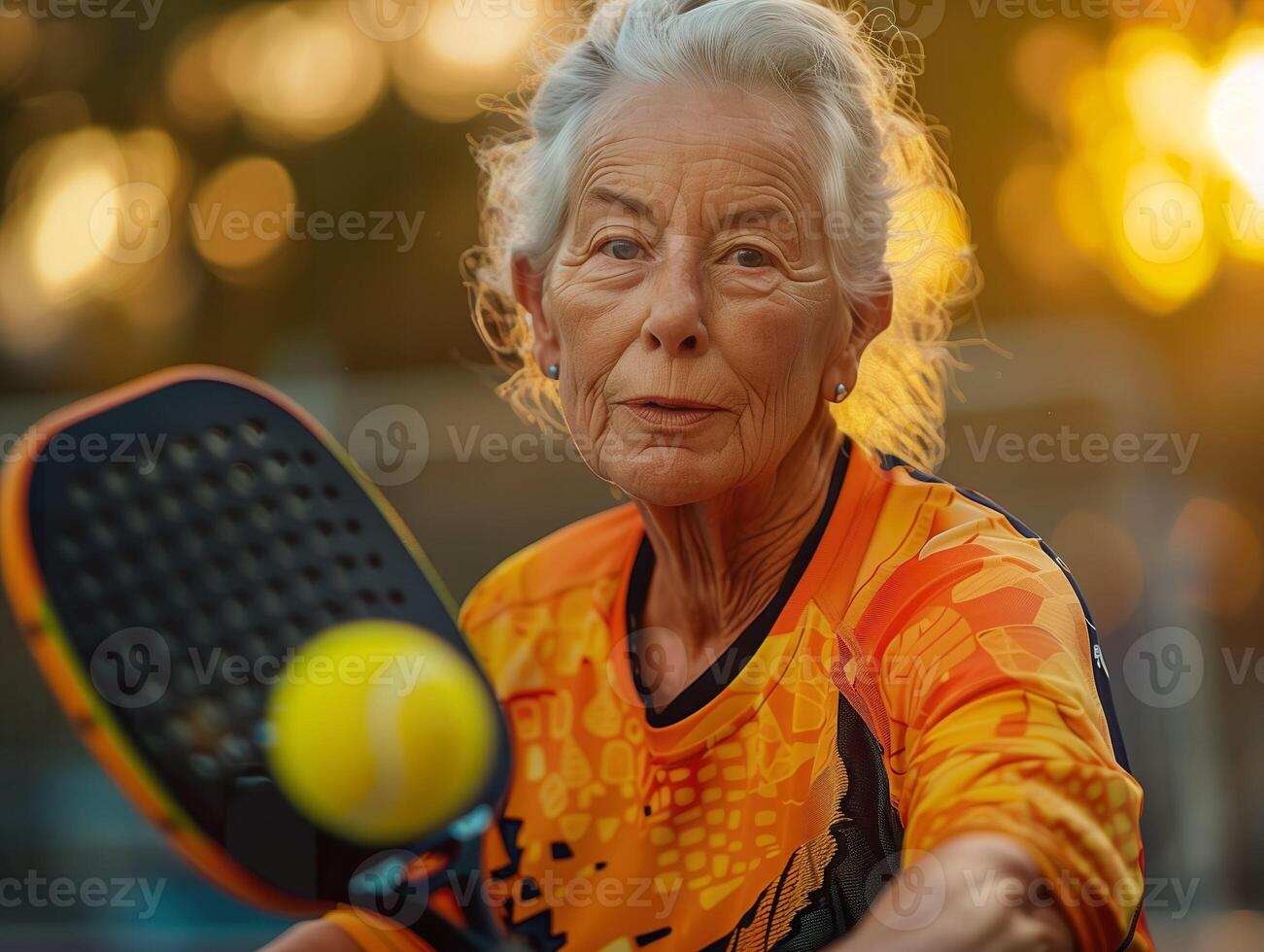 An elderly woman playing pickleball. photo